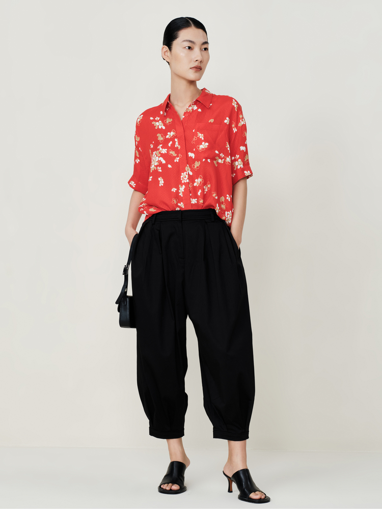 【桑蚕丝】玛丝菲尔22夏季新款真丝红色碎花气质高级感短袖衬衫女