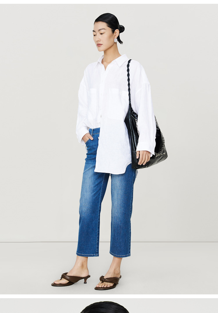 【免烫系列】玛丝菲尔2023年夏季新款白色亚麻连身袖时尚衬衫女