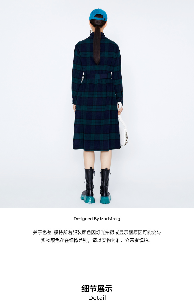 【英伦复古】玛丝菲尔21冬新款羊毛墨绿色长袖格子衬衫连衣裙复古