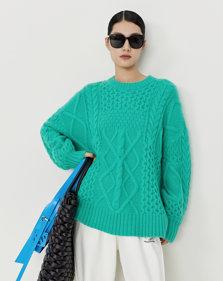 【逐光之旅】玛丝菲尔2022秋季松石绿扭花茧型羊毛针织衫