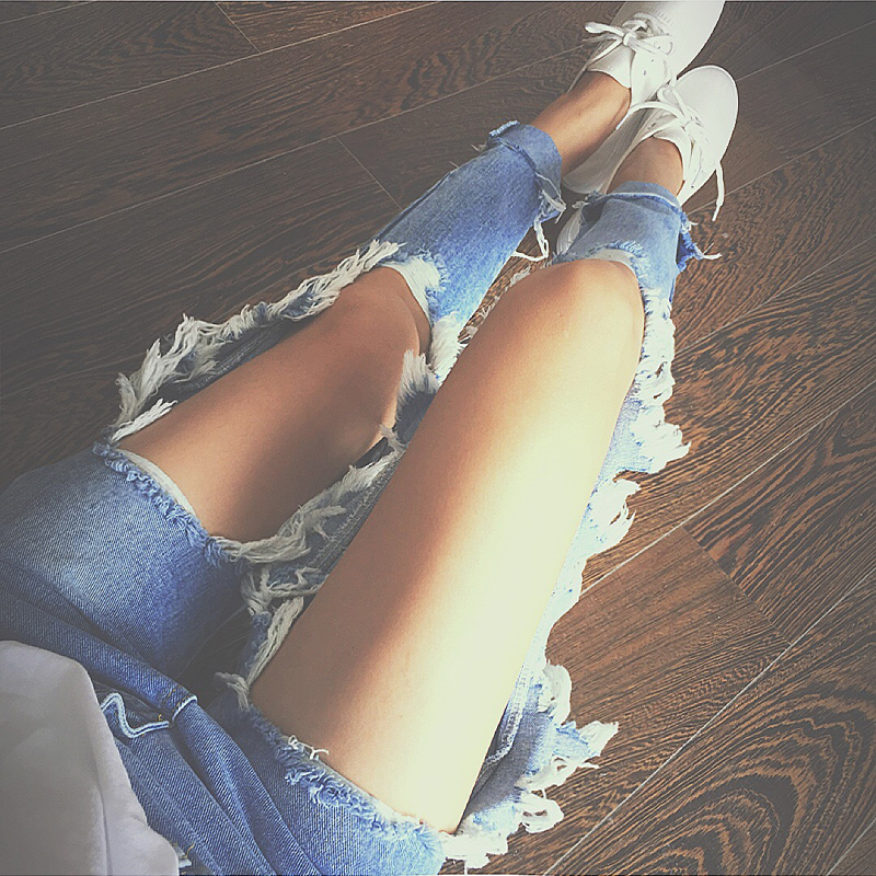 韩国bf风膝盖大破洞牛仔裤女宽松乞丐九分裤