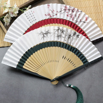 Fan Folding Fan China Feng Shui Ink Ancient Wind Cotton Fabric Hanfu Bamboo Handle Baking Varnish Summer Folding Portable Fan-sending fan cover