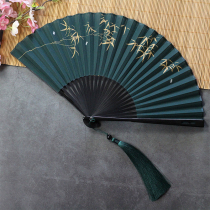 Warm Passenger Row 7 Inch Ink Green Bamboo Forest Ancient Wind Fold Fan China Wind Day Style Summer Folding Portable Na Cool Fan Shoot