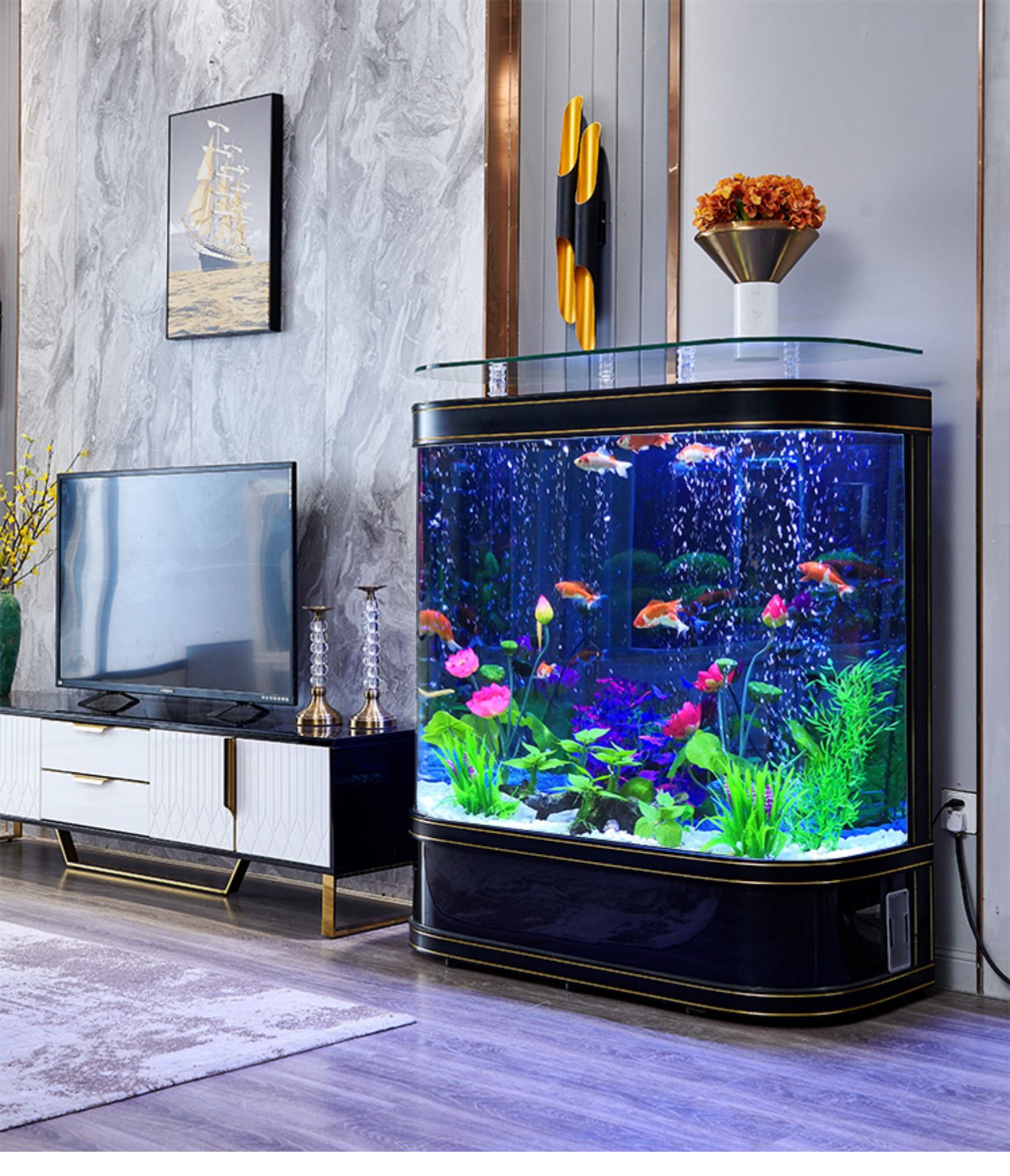 2025新款轻奢鱼缸客厅家用圆形落地水族箱大型玻璃背滤生态金鱼缸