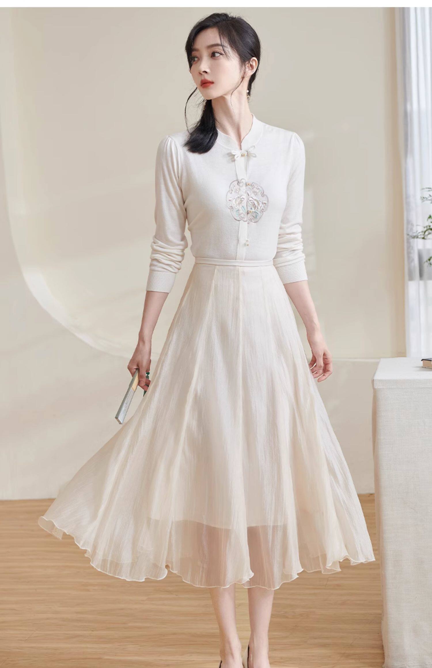 米思阳2025夏季新款纯色仙气长裙a字裙大裙摆裙子米白色半身裙女