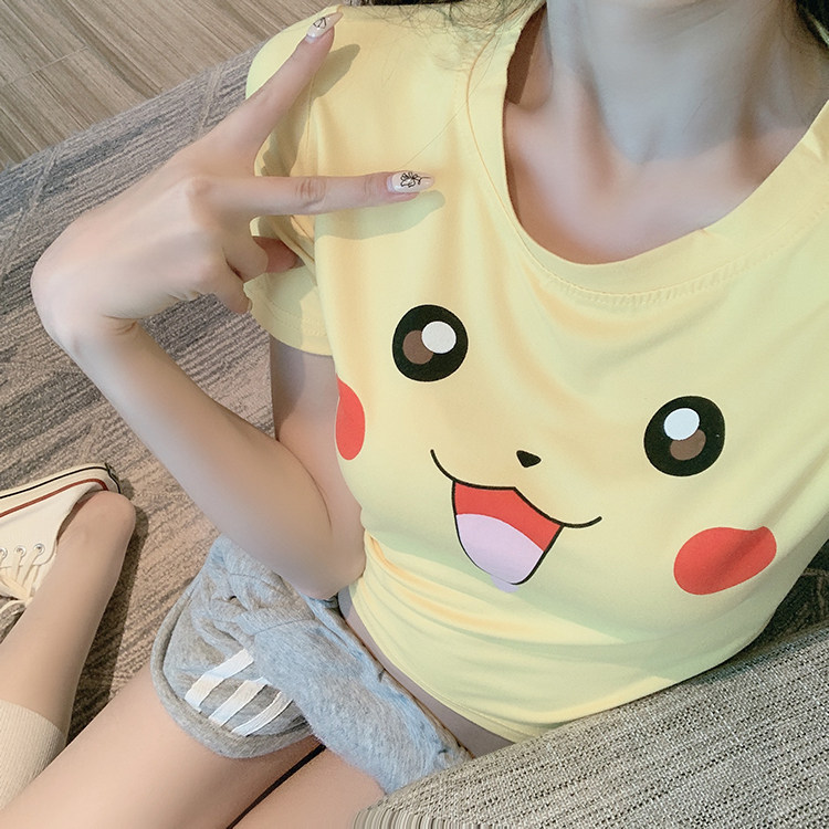 实拍实价怪可爱显胸皮卡丘少女卡通短款t恤
