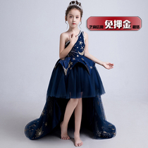 Rental little girl oblique shoulder blue dream dress Girl model performance catwalk personality clothing trend rental
