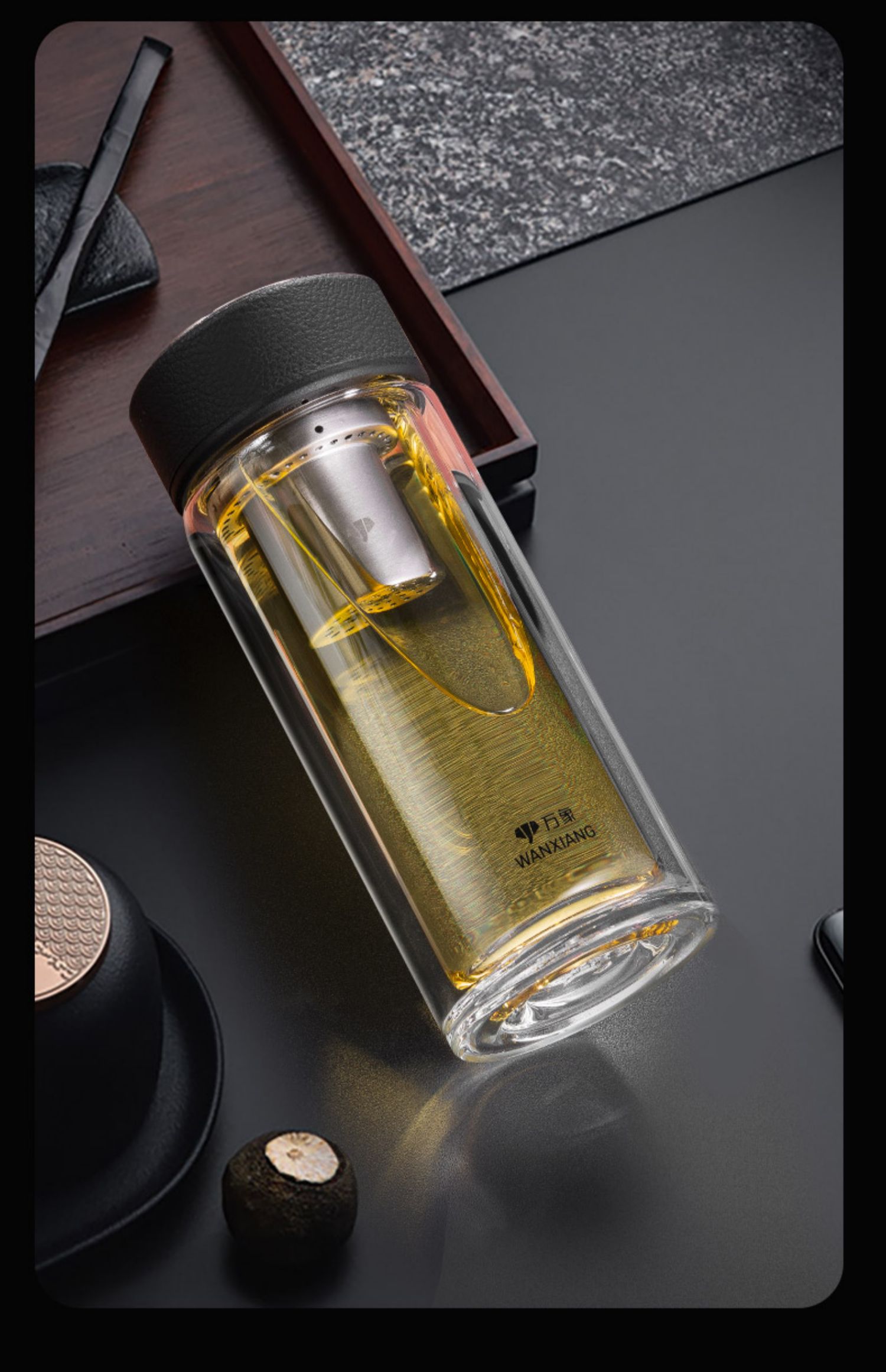 万象双层玻璃杯男士高档茶杯车载杯子女士大容量隔热透明家用水杯