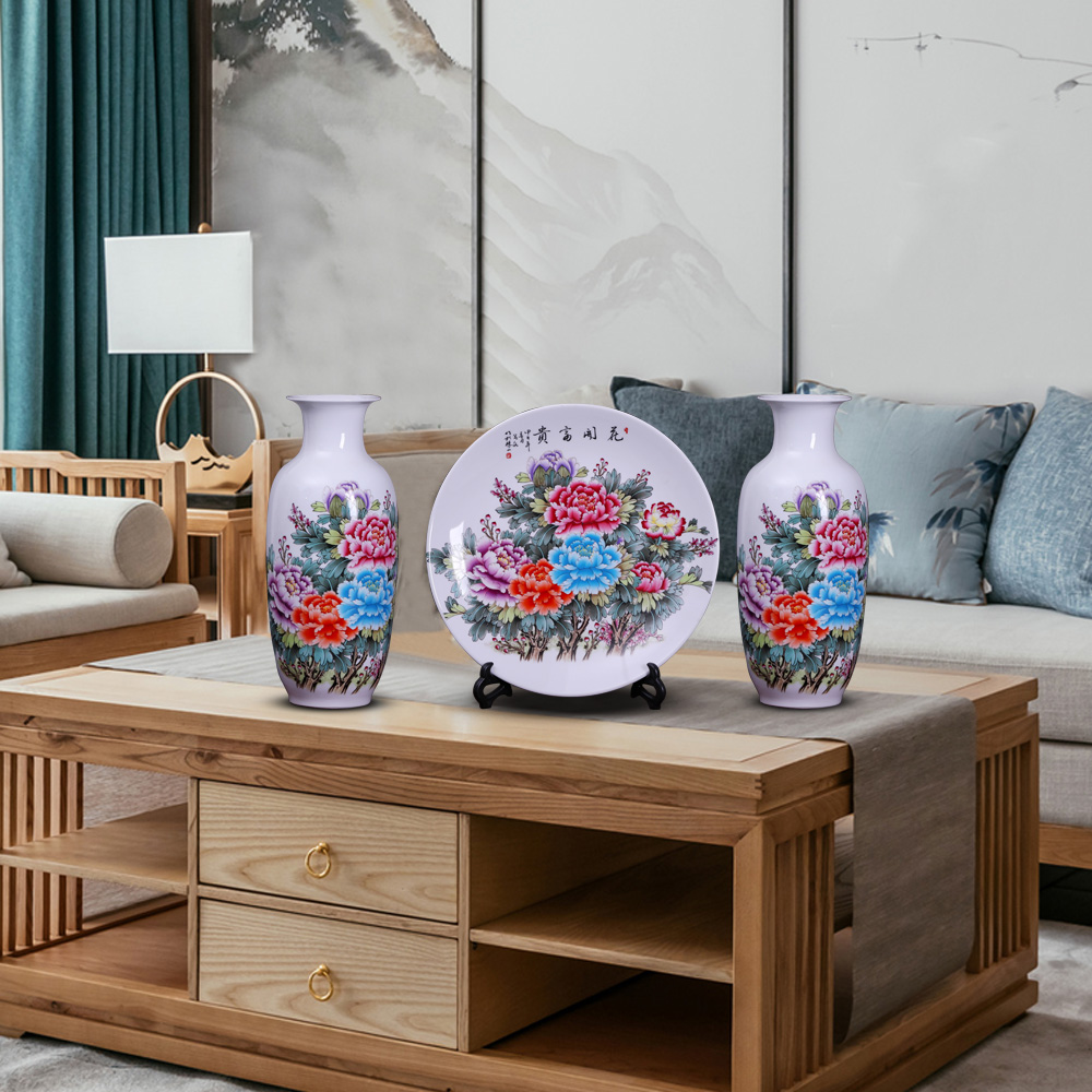 Jingdezhen porcelain vases hang dish three - piece sitting room place, study of new Chinese style office craft ornaments