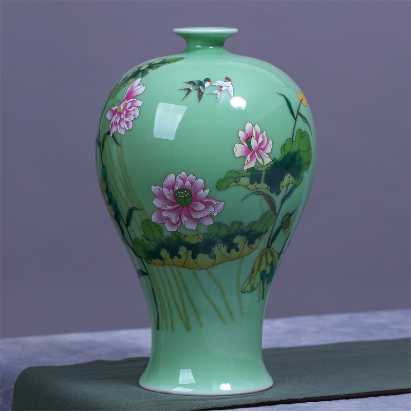 Jingdezhen ceramic vase manual shadow lotus rhyme name plum green glaze color bucket bottle vases, flower decoration crafts are sitting room