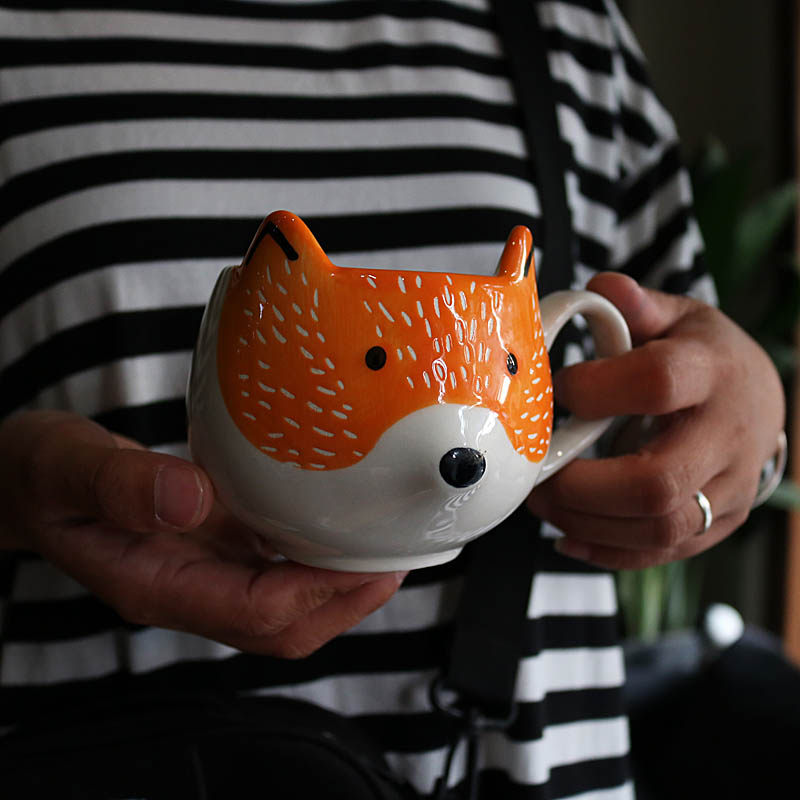 w1962出口美国陶瓷釉下彩立体图案森林系狐狸造型马克杯/茶水杯