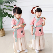 Girls cotton and hemp ancient clothing Daily baby photo Hanfu Childrens Chinese style half sleeve set Sinology book childrens national clothing