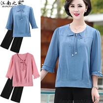 2021 new middle-aged womens clothing mothers chiffon shirt middle-aged summer short-sleeved top foreign style noble suit