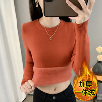 women's autumn winter thickened fleece underwear large round neck slim bottoming knitwear warm tops