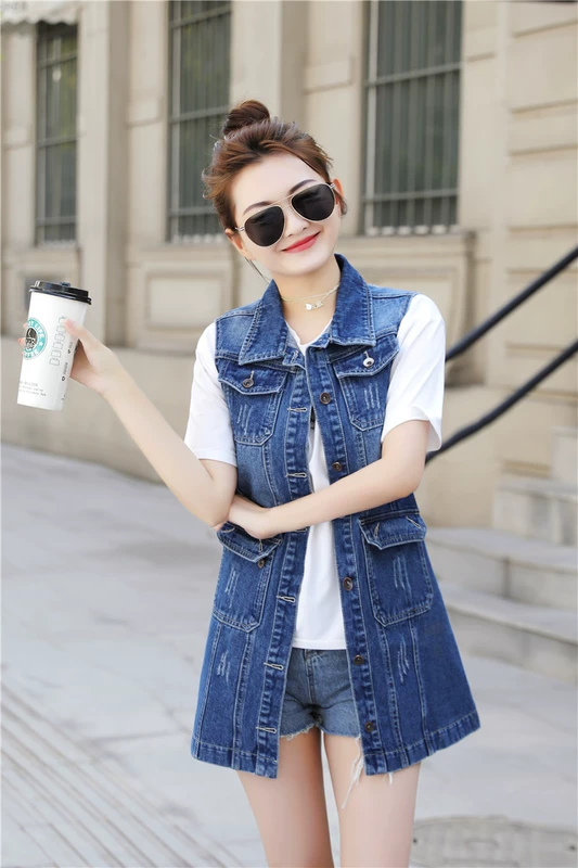 Áo vest denim mới 2022 mùa xuân của phụ nữ phong cách Hàn Quốc rộng rãi mặc và áo khoác mỏng không tay kết hợp tất cả các kích thước lớn giản dị - Áo vest