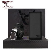 Seven Wolves Leather Strap Gift Box Genuine Leather Long Wallet Two Pieces Suit Money Clip Mens Belt Pants With Gift Dress