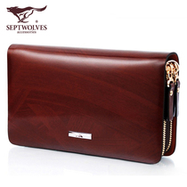 Seven Wolves Mens Handbags Genuine Leather Nameplate Hard Leather Hand Grab Bag Youth Bright Leather Hand Grip Bag Bull Leather Double Zipper