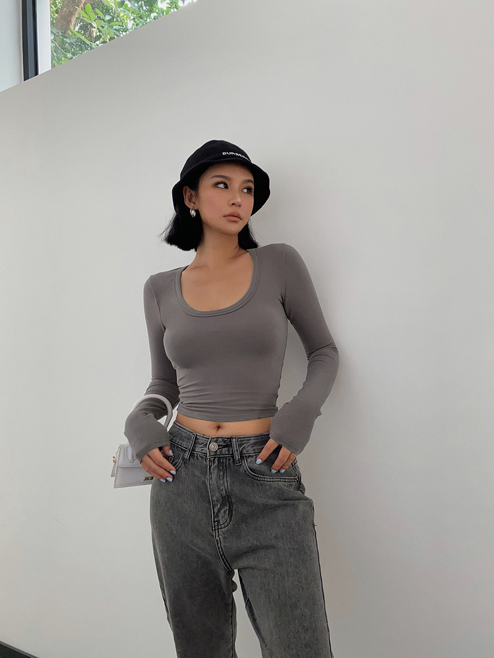 暖青汇炸街girl性感领紧身长袖t恤女束腰显胸大弹力高腰显瘦短上衣t恤