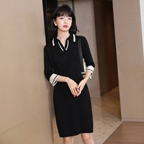 Engraved British retro POLO skirt ~ black and white color contrast temperament senior sense fashionable seven-point knitted dress women