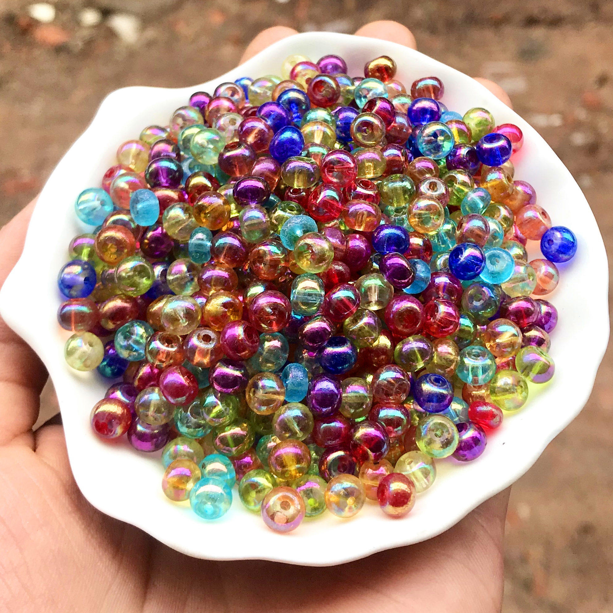 100g约350颗6mm彩色电镀幻彩玻璃扁珠手工串珠镀彩玻璃车轮散珠