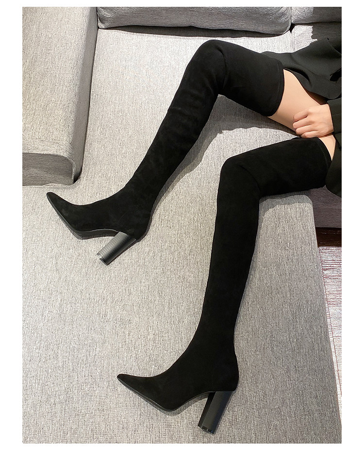 欧美2021春秋新款尖头超长过膝盖长筒靴女绒面粗跟高跟显瘦大腿靴