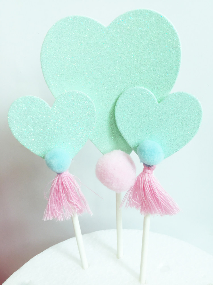 闪粉爱心流苏蛋糕插旗 唯美甜品台蛋糕装饰插件 生日蛋糕装饰_双氙