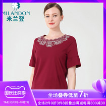 Milandon middle-aged and elderly mothers wear round neck embroidered T-shirt short sleeve women 2021 summer wild T-shirt female ethnic style