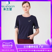 Milandon middle-aged and elderly mother dress round neck embroidered T-shirt short-sleeved women 2021 summer wild T-shirt womens knitwear