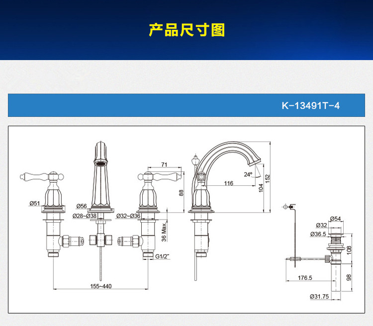 正品k-13491t-cp 凯尔登8寸三孔双把脸盆龙头台盆冷热水龙头