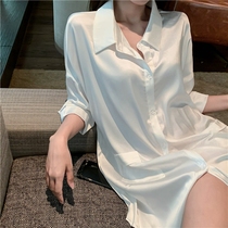 OLOEY provocative BI nightgown women Summer silky sexy thin boyfriend wind White shirt pajamas home clothes