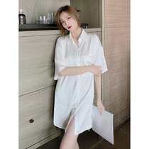 OLOEY fashionable fine BI pajamas female summer silk sexy thin boyfriend wind shirt nightgown home clothes