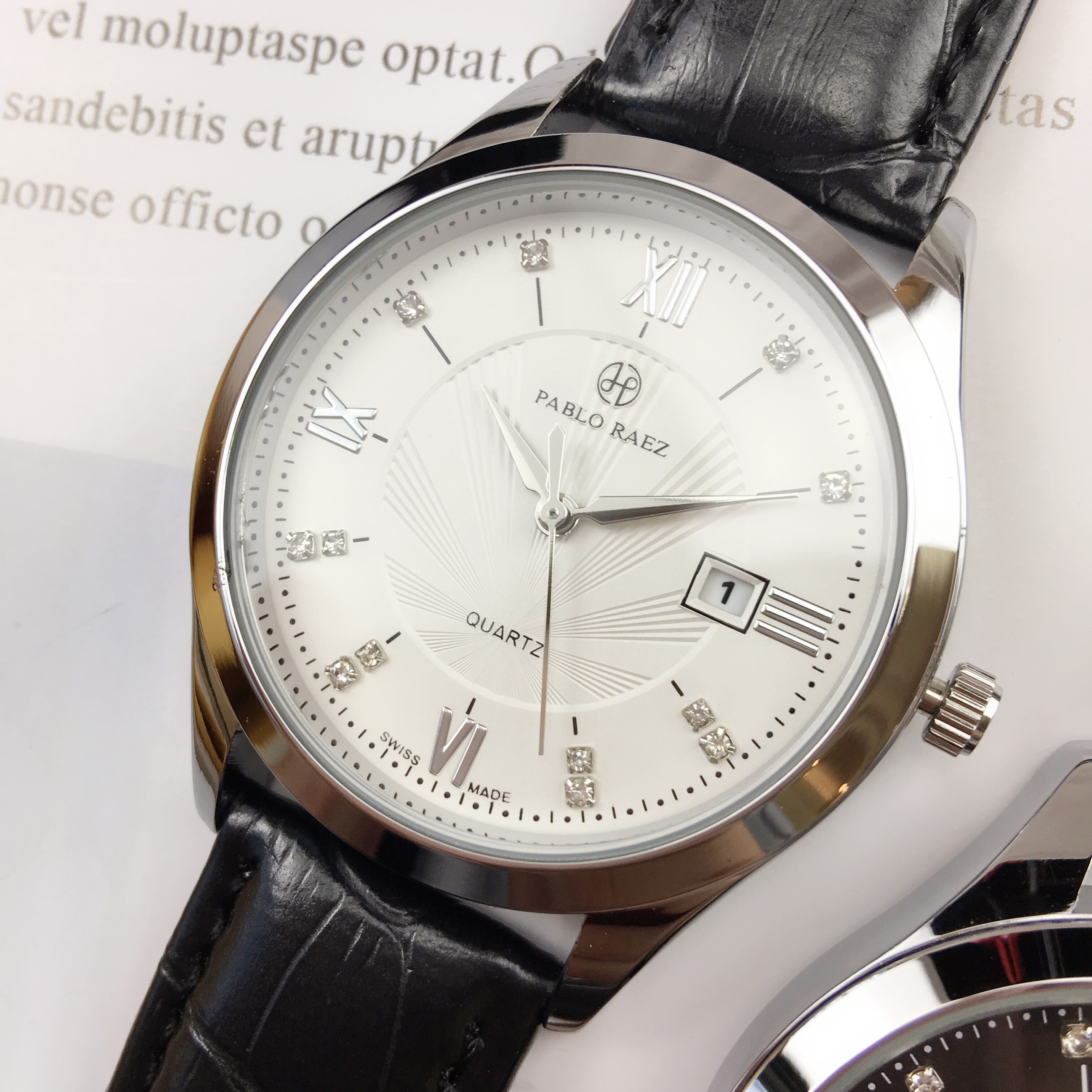 pablo raez棕色男士气质皮带腕表非机械表日历商务石英表包邮