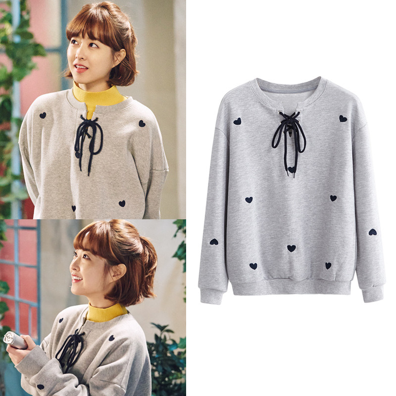 定制大力女都奉顺朴宝英同款爱心刺绣领口系带圆领套头宽松卫衣女_7折
