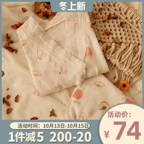Japanese style fresh peaches and kimono cotton pajamas women Spring and Autumn gauze pajamas pajamas home clothing womens suits
