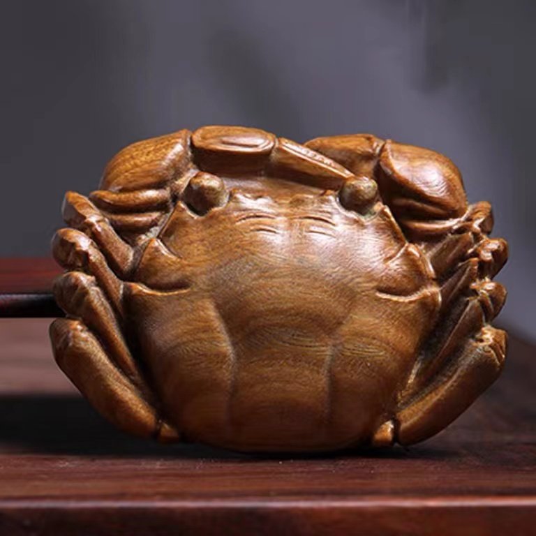 天然綠檀香木螃蟹擺件雕刻木雕螃蟹手把件工藝文玩招財桌面小擺件