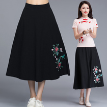 2020 spring and summer new net red skirt art embroidery Medium-length dress ethnic style elastic waist skirt Joker womens skirt