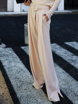 Z boss elastic waist pleated straight wide leg pants womens lace-up wool casual pants