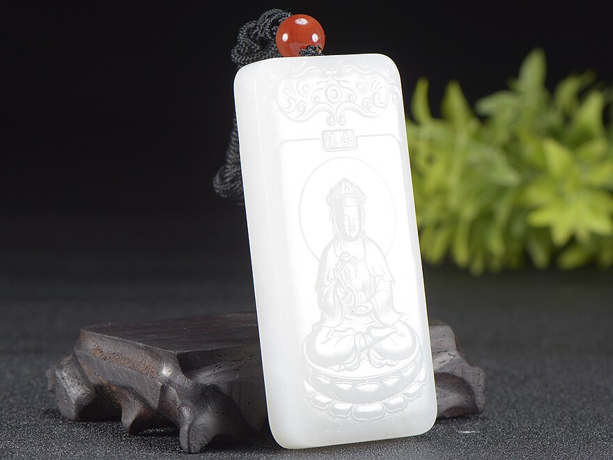 【苏工精雕】一级细料和田玉羊脂白玉虚空藏菩萨玉牌 挂件 93克