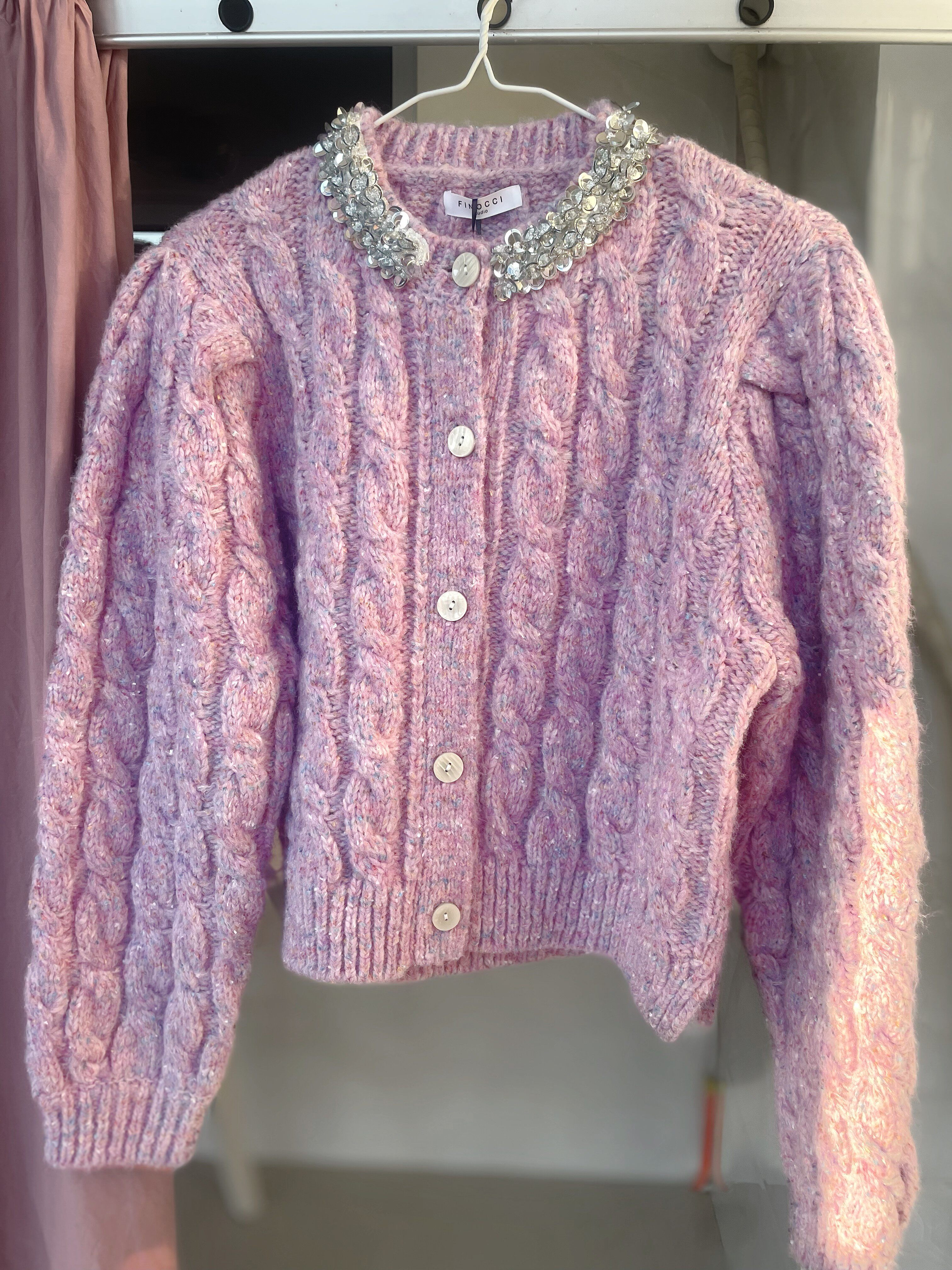 finocci 重工靓丽千金纯手工亮片幻彩星河羊毛粗棒针绞花毛衣开衫