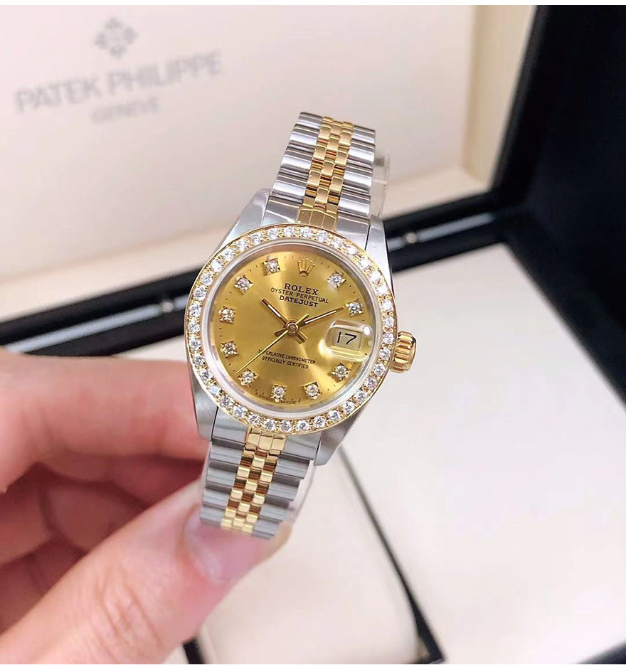 [9.8新]劳力士日志型系列18k黄金自动机械手表女表69173后改镶钻