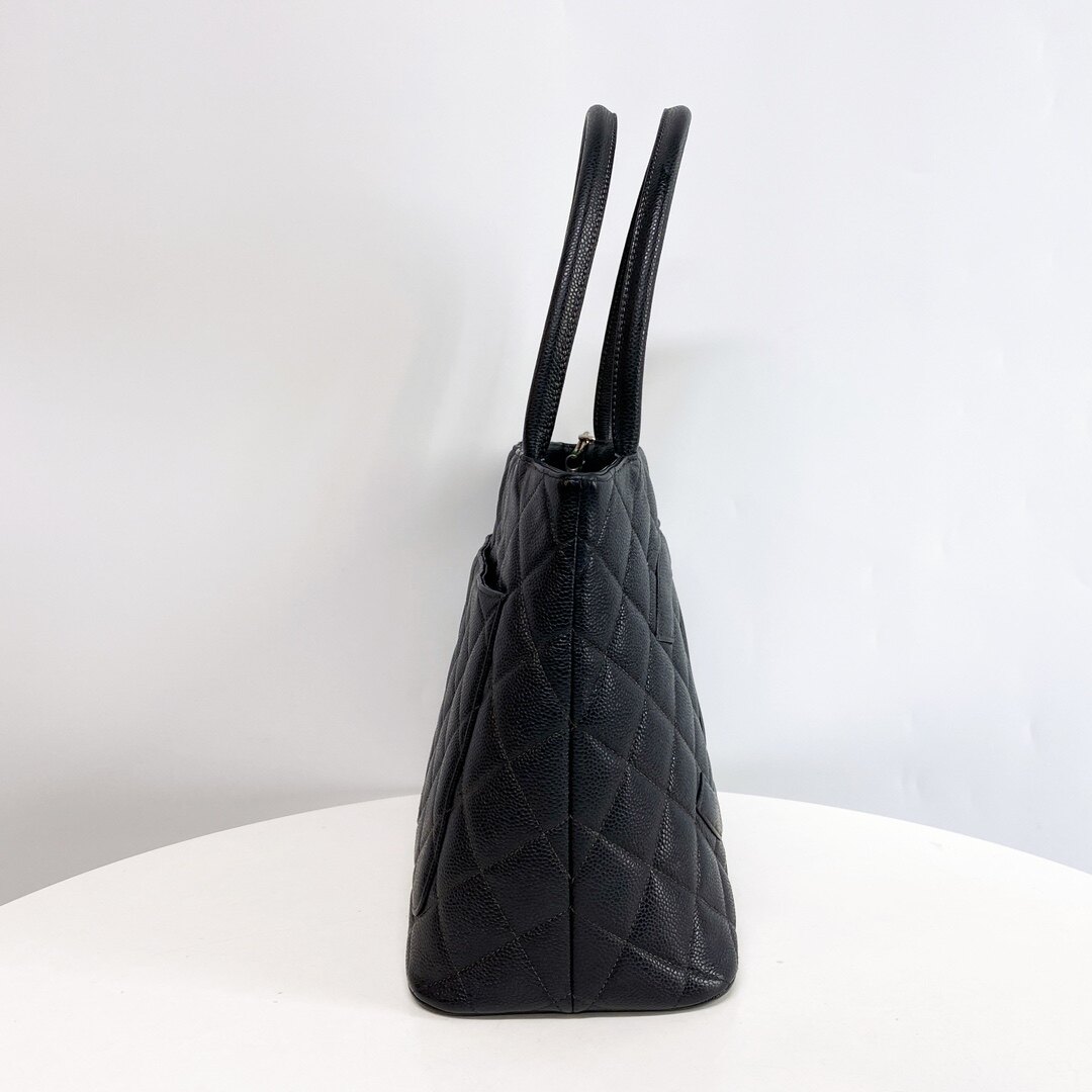 [9.8新]chanel香奈儿黑银荔枝纹牛皮希尔顿黑银托特包单肩包正品