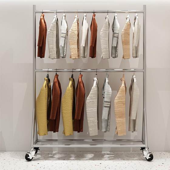 Stainless steel brushed clothing display rack double -layer hanging hanger dedicated landing Longmen shelves display mobile band wheels Stainless steel brushed clothing display rack double -layer hanging hanger dedicated landing Longmen shelves display mobile band wheels