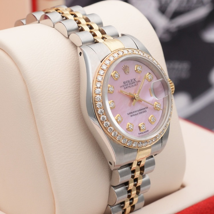 劳力士女装日志型18k黄金粉贝母镶钻自动机械手表女士9.8新69173