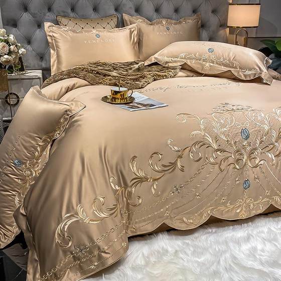 European style high-end tribute satin tin silk four-piece set pure cotton embroidered quilt cover full sheets and bed cover high-end wedding set
European style high-end tribute satin tin silk four-piece set pure cotton embroidered quilt cover full sheets and bed cover high-end wedding set