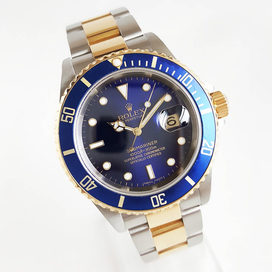 劳力士蓝水鬼手表男潜航者18k黄金精钢自动机械表16613正品9.8新