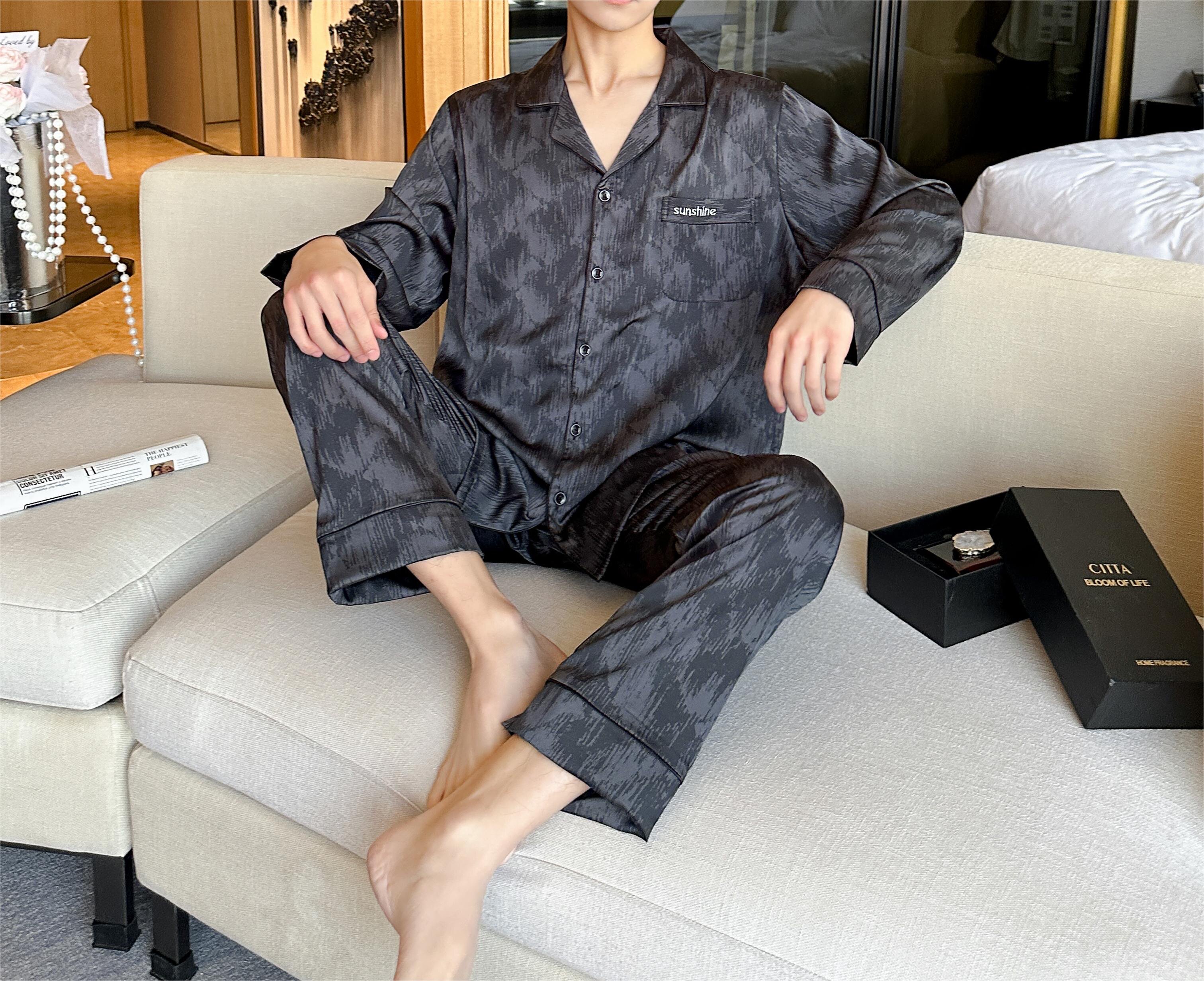 男士生日礼物送老公实用黑色丝绸睡衣送男友高级感长袖长裤礼盒装