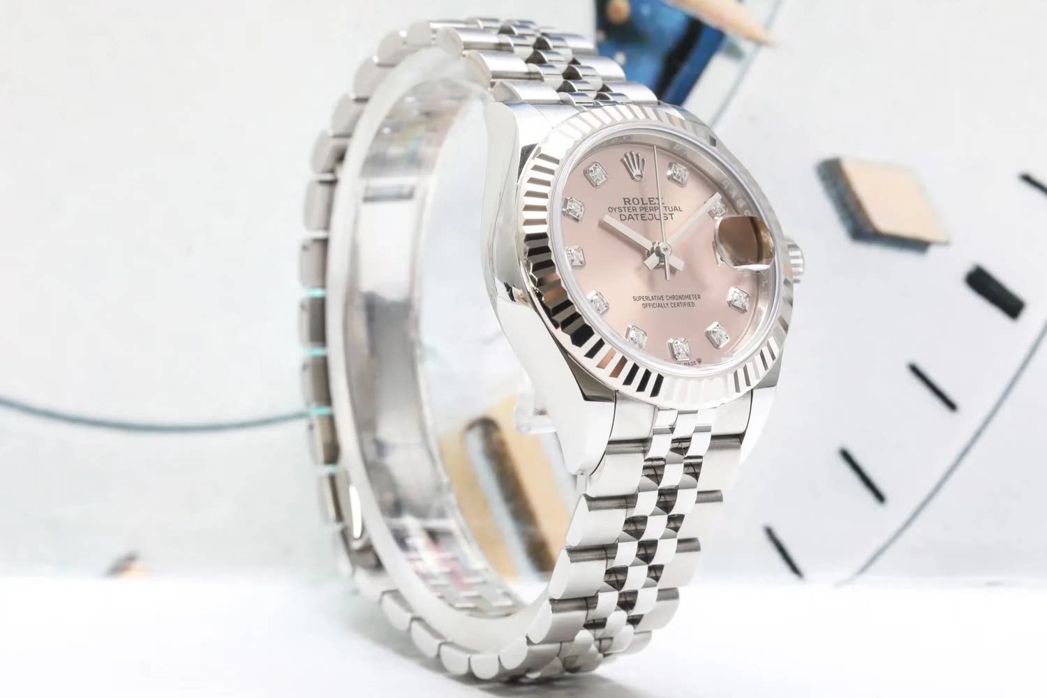 未使用2024年全套劳力士28mm粉盘原钻日志型手表女士正品m279174