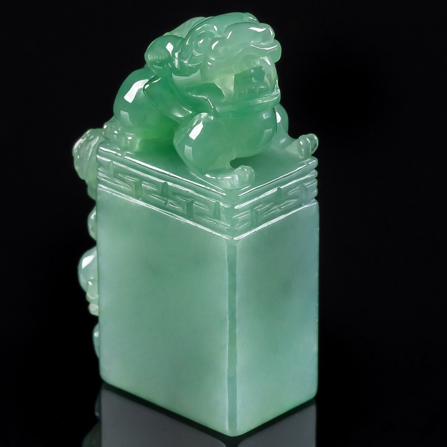 瑞兽招财天然缅甸a货翡翠冰糯种浅绿貔貅印章手把件带证书25.36