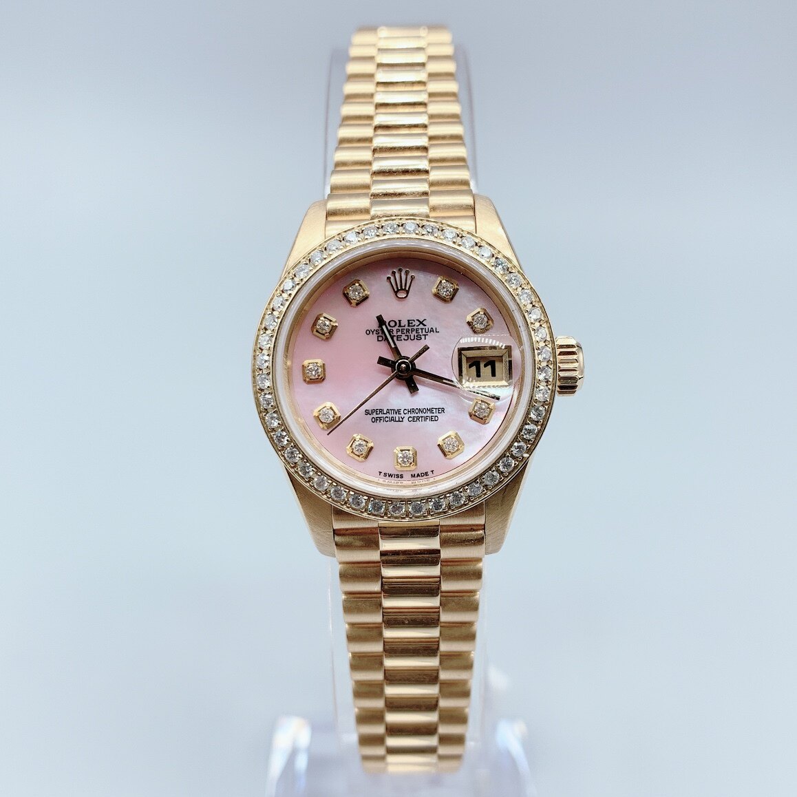 98新劳力士粉贝母日志型系列黄金镶钻自动机械手表女士正品69178