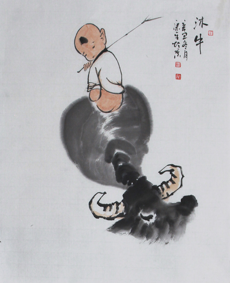 保真手绘真迹 写意国画作品《沐牛》59f名人字画拍卖童戏图挂画